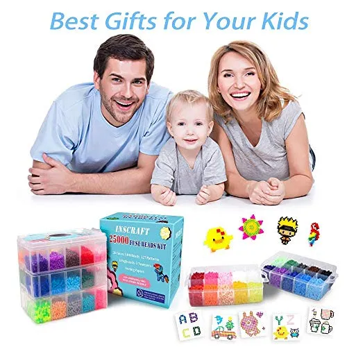 25,000 pcs Fuse Beads Kit 26 Colors 5MM, Including 127 Patterns, 4 Big Square, 1 Heart Pegboards, 1 Flower Ironing Paper, Tweezers, Beads Compatible by INSCRAFT