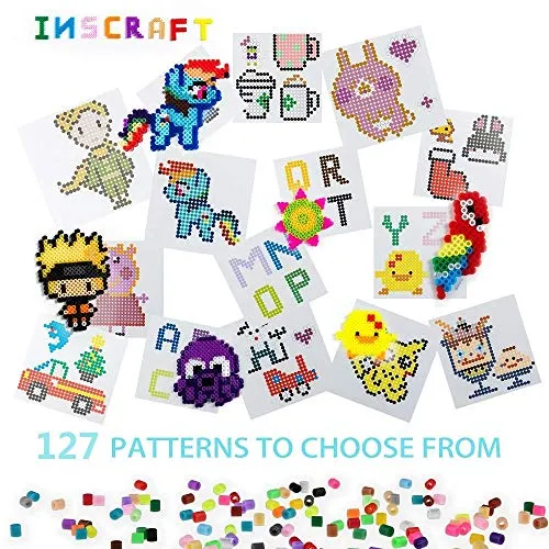 25,000 pcs Fuse Beads Kit 26 Colors 5MM, Including 127 Patterns, 4 Big Square, 1 Heart Pegboards, 1 Flower Ironing Paper, Tweezers, Beads Compatible by INSCRAFT