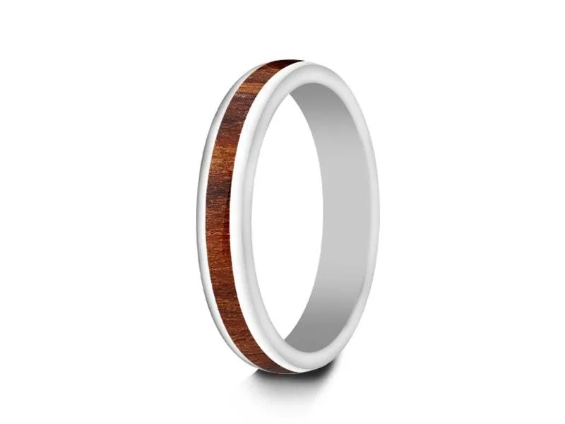 4MM WHITE CERAMIC WEDDING BAND DOME AND HAWAIIAN KOA WOOD INLAY