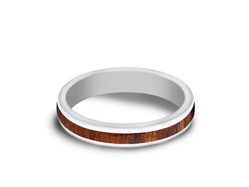 4MM WHITE CERAMIC WEDDING BAND DOME AND HAWAIIAN KOA WOOD INLAY