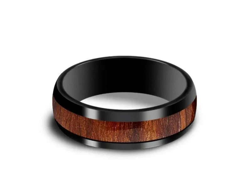 6MM BLACK CERAMIC WEDDING BAND DOME AND HAWAIIAN KOA WOOD INLAY