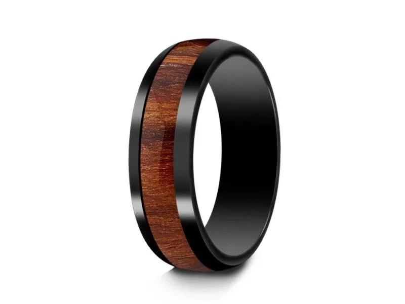6MM BLACK CERAMIC WEDDING BAND DOME AND HAWAIIAN KOA WOOD INLAY