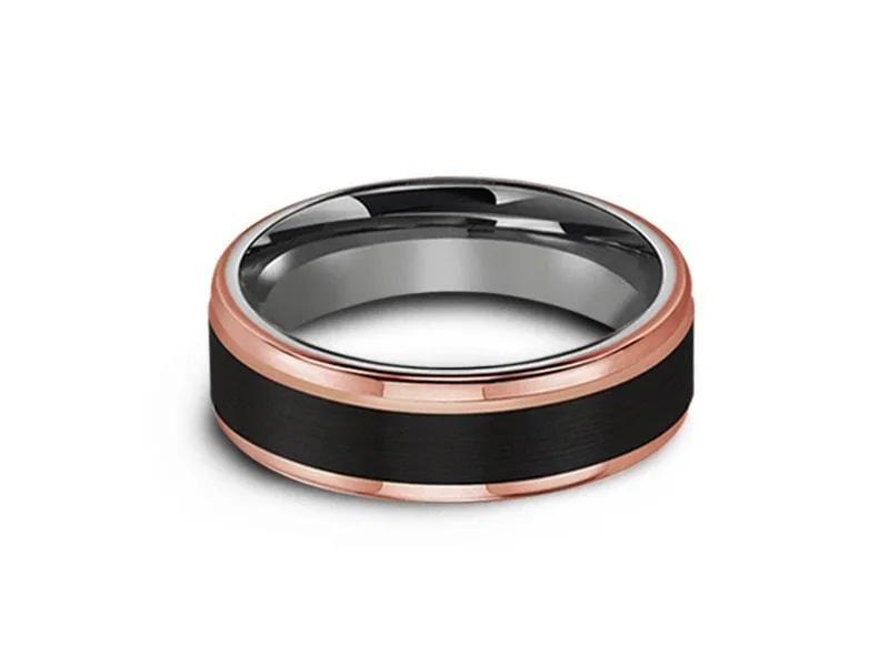 6MM Brushed Black Tungsten Wedding Band  ROSE GOLD EDGES AND GRAY GUNMETAL INTERIOR