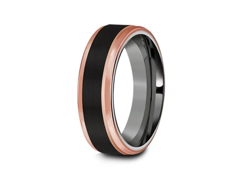 6MM Brushed Black Tungsten Wedding Band  ROSE GOLD EDGES AND GRAY GUNMETAL INTERIOR