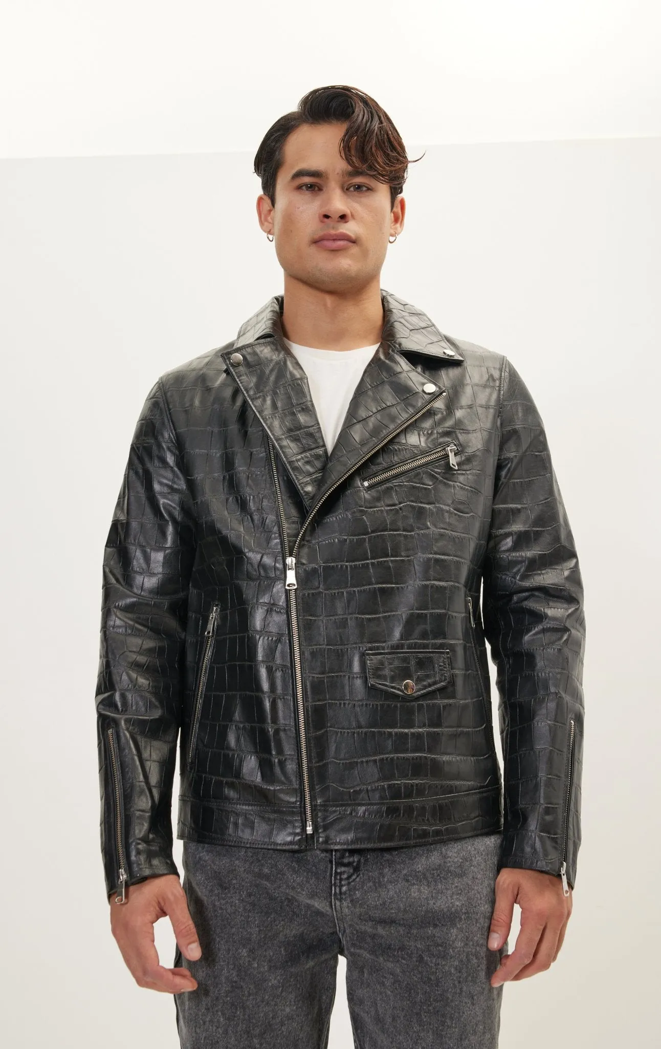 Asymmetric Leather Jacket - Black Croc Embossed