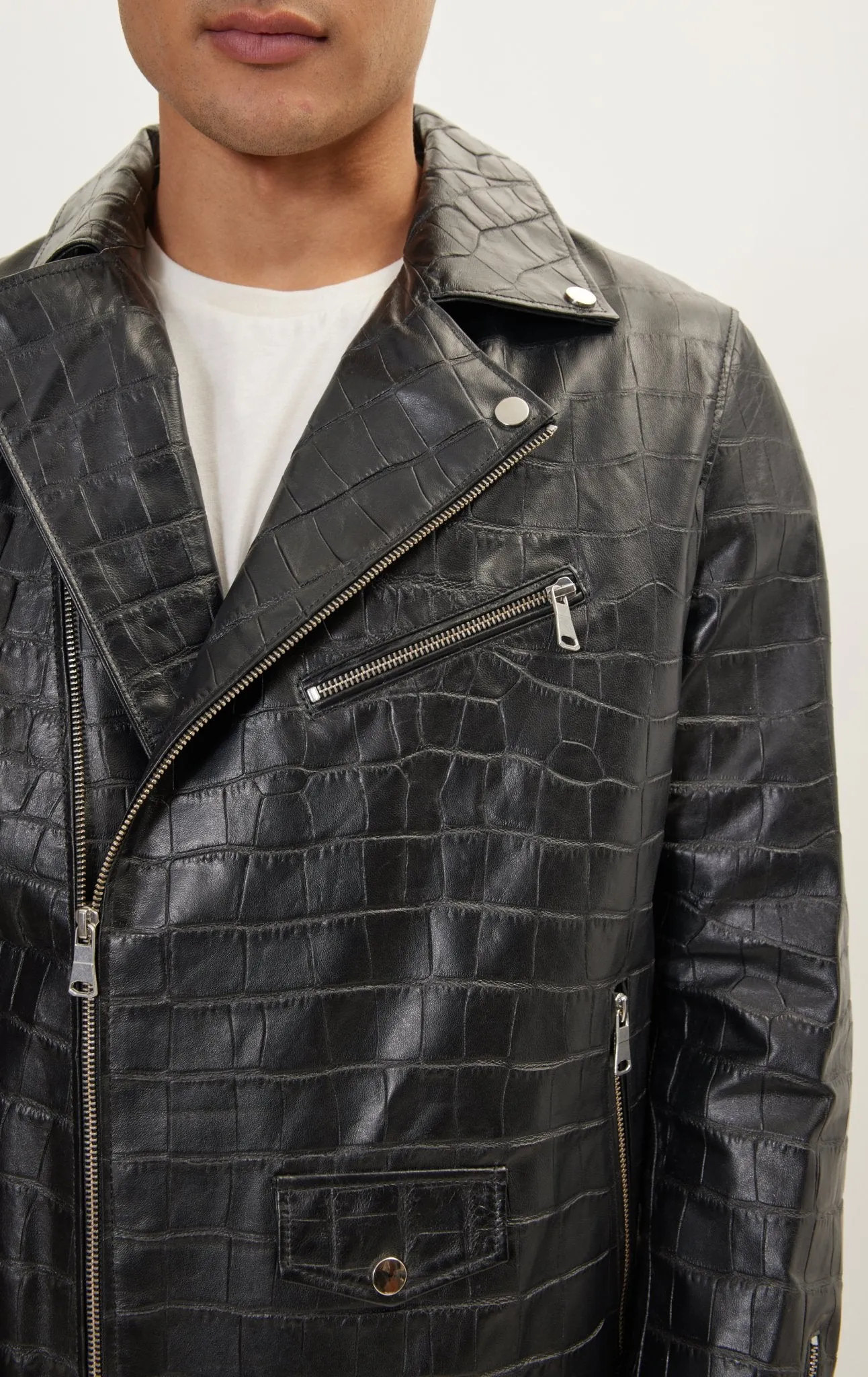 Asymmetric Leather Jacket - Black Croc Embossed