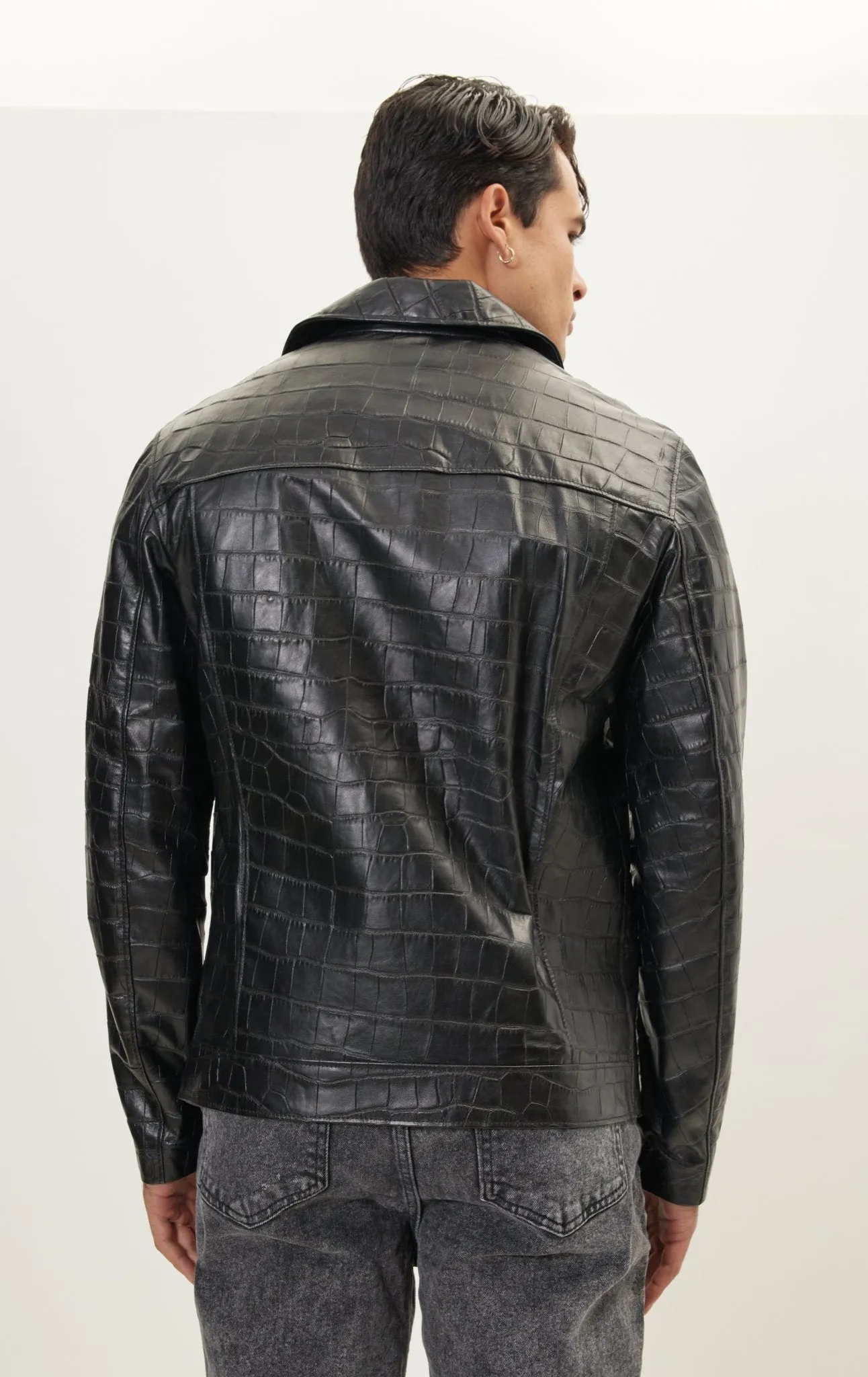 Asymmetric Leather Jacket - Black Croc Embossed