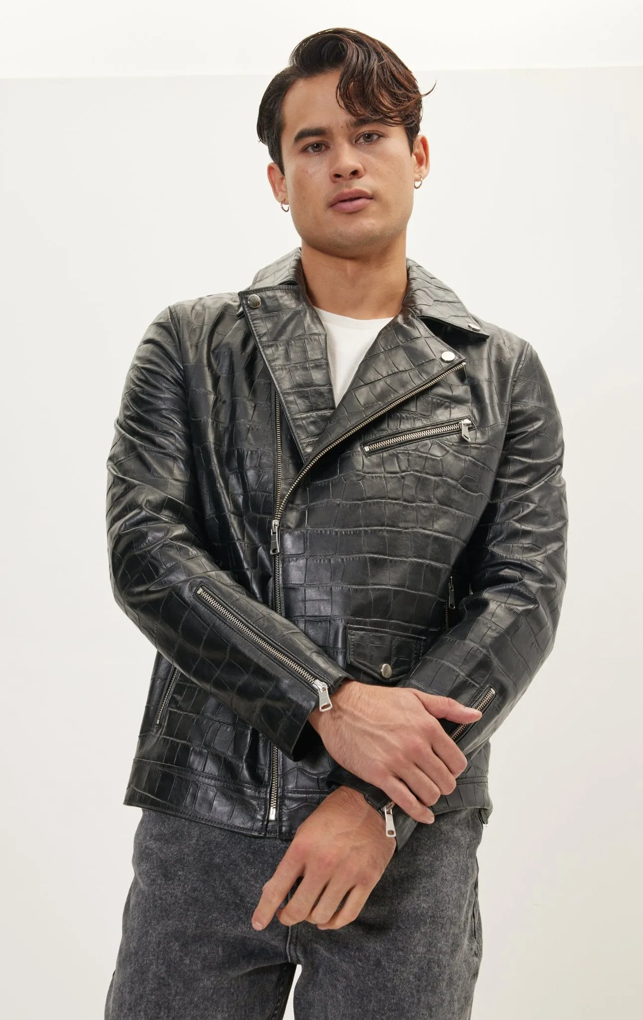 Asymmetric Leather Jacket - Black Croc Embossed