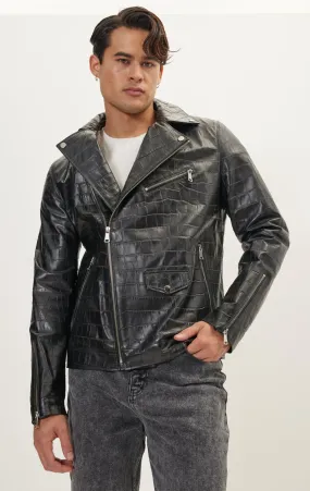 Asymmetric Leather Jacket - Black Croc Embossed