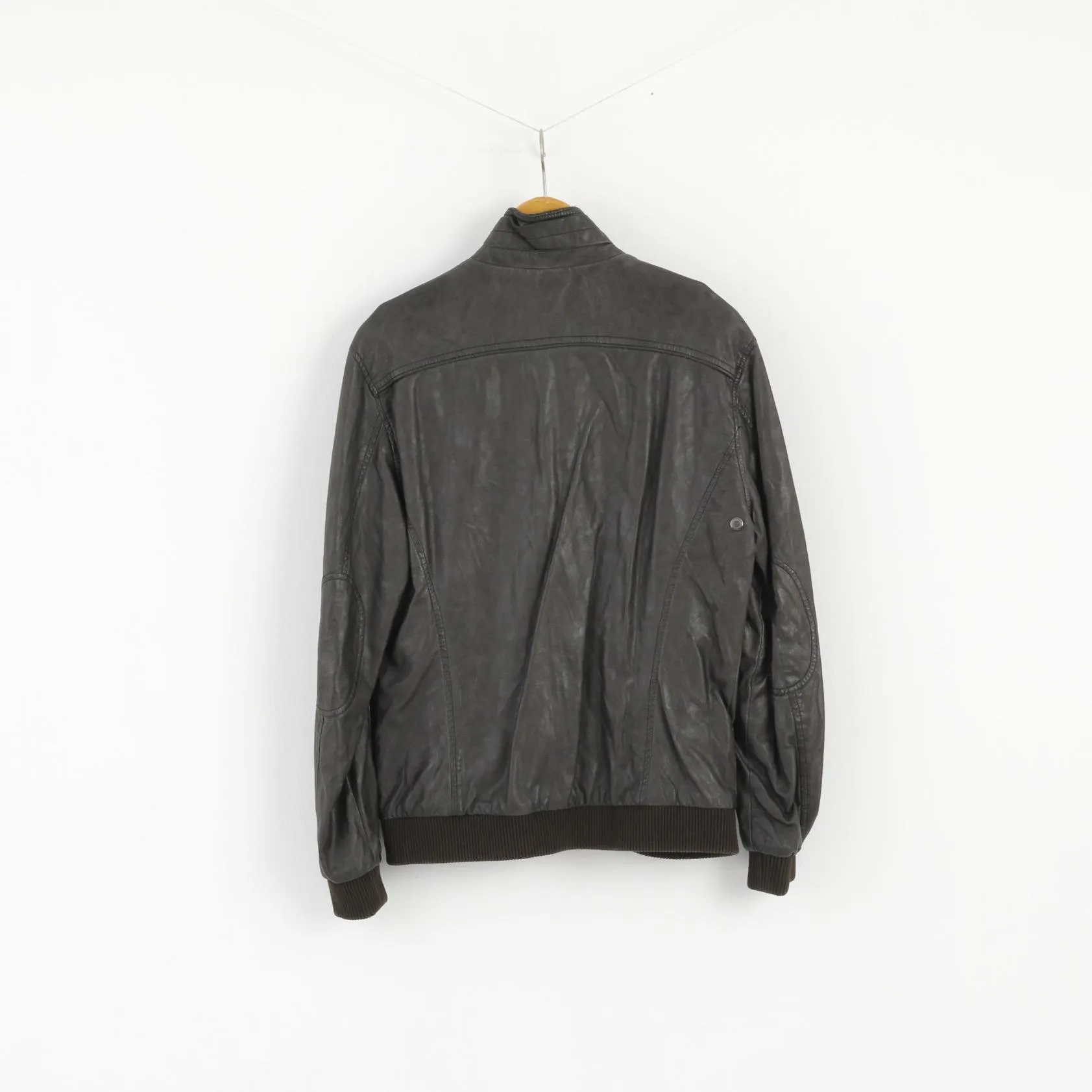 Bershka Men L (M) Jacket Imitation Leather Dark Brown Full Zipper Patches Biker