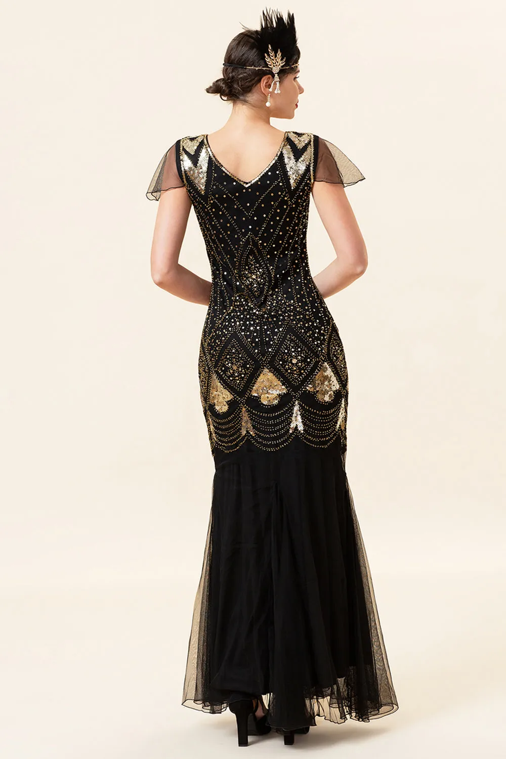 Black and Golden Cap Sleeves Sequined Long 1920s Gatsby Flapper Dress with 20s Accessories Set