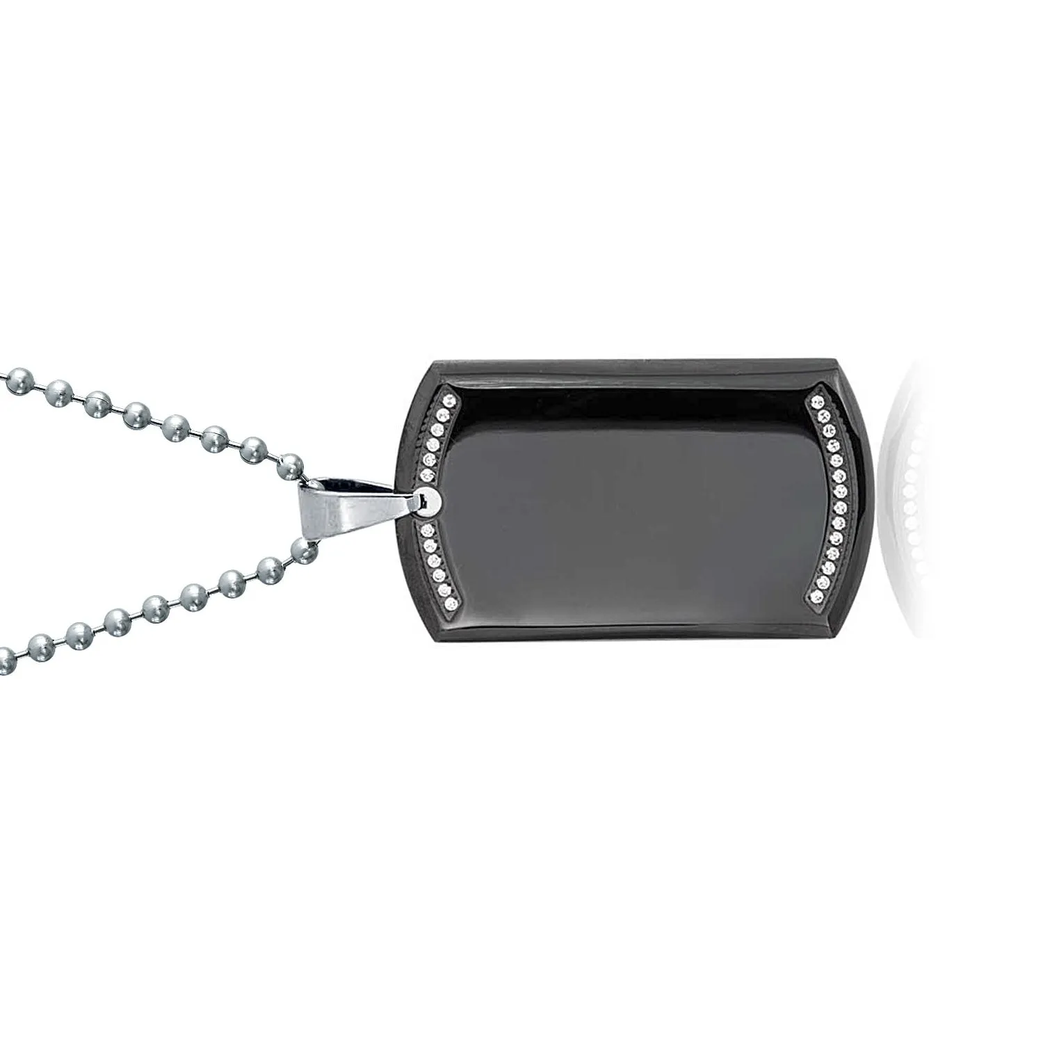 Black Dog Tag Pendant Necklace Edge Silver Tone Stainless Steel Bead