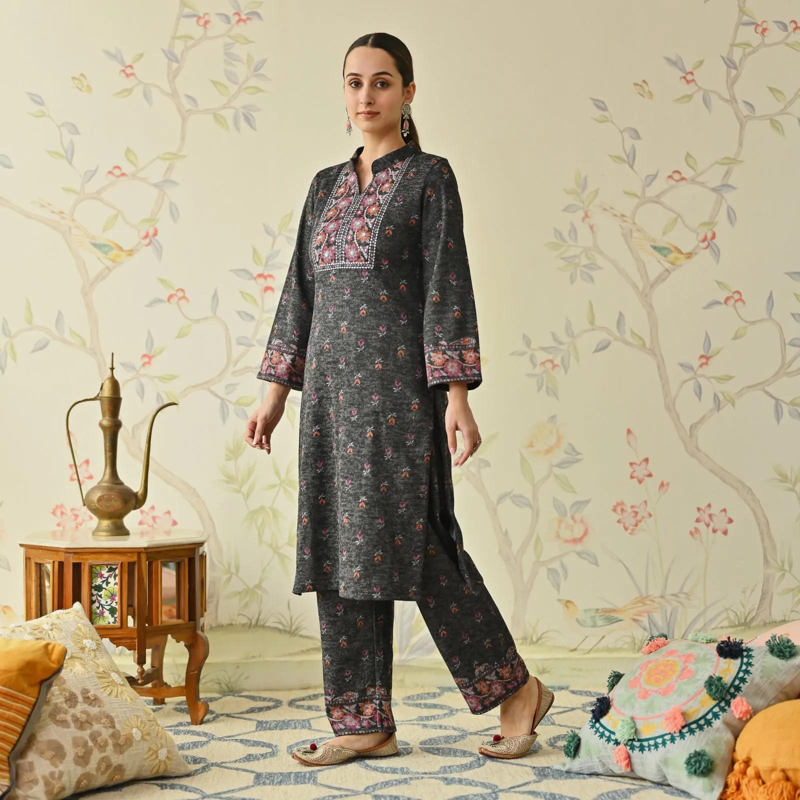 Black Embroidered & Floral Printed Woollen Kurta