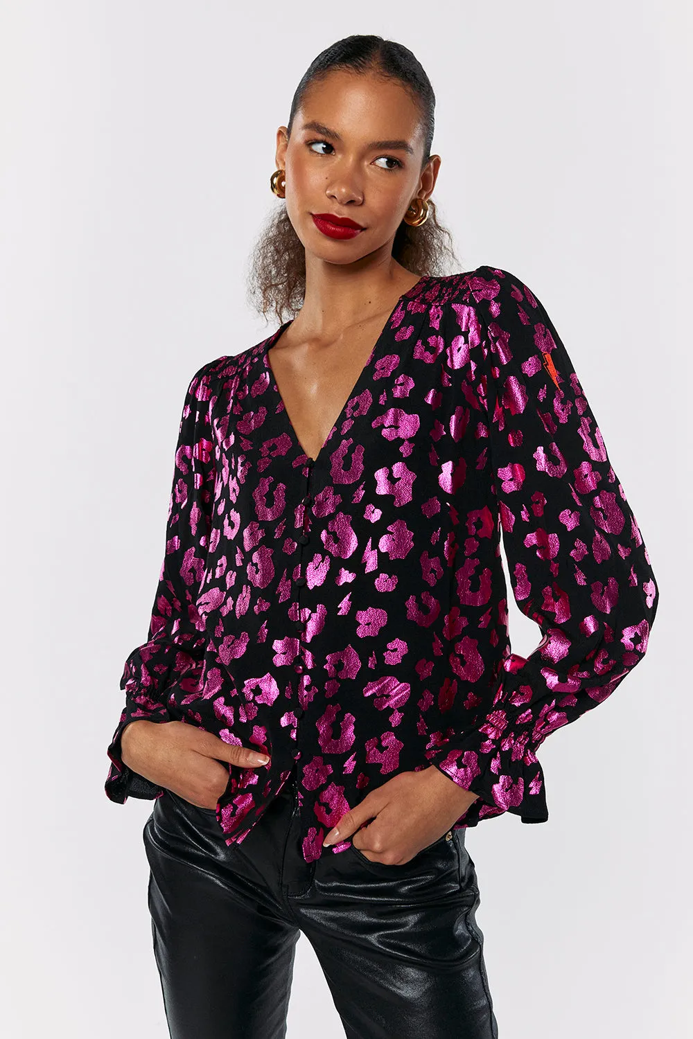 Black with Pink Foil Leopard Flute Sleeve Blouse