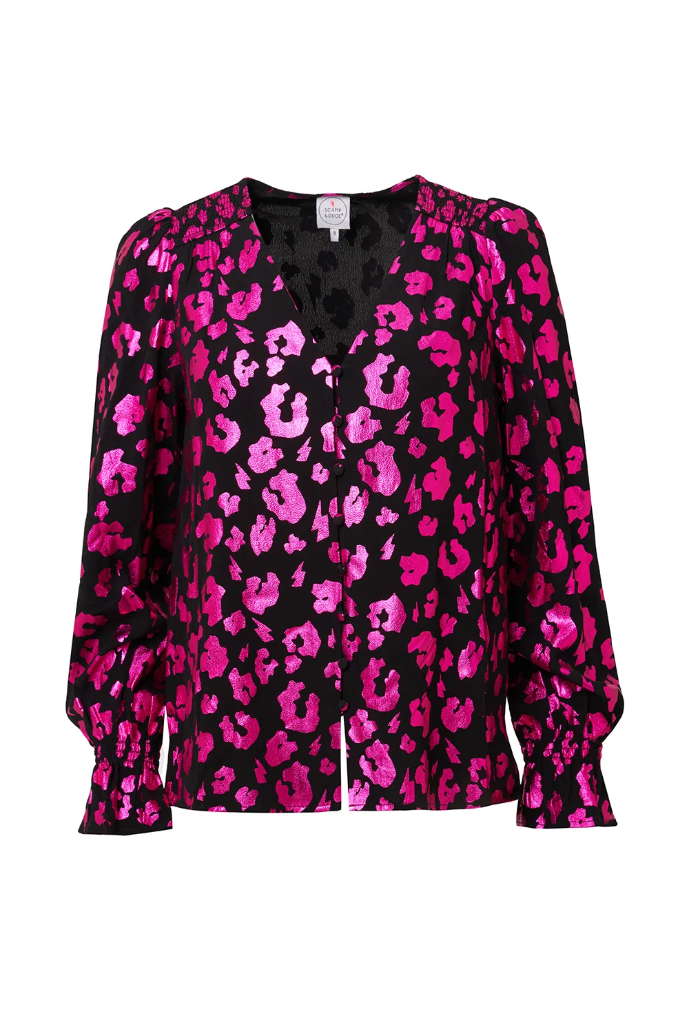 Black with Pink Foil Leopard Flute Sleeve Blouse