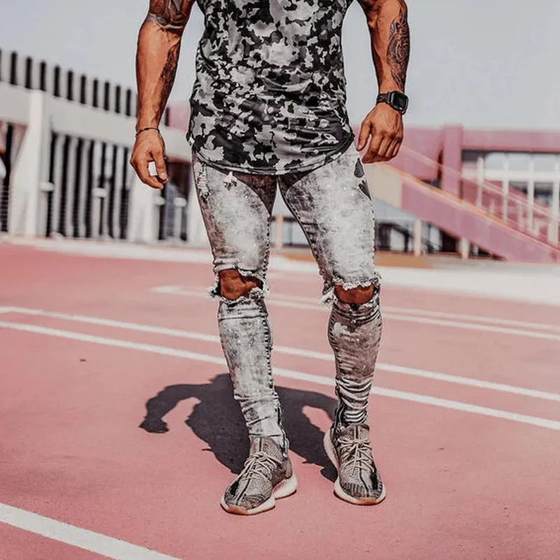 blue jeans Button Fly ankle zipper elastic ripped damage pants denim hole skinny elastic jeans joggers Paint