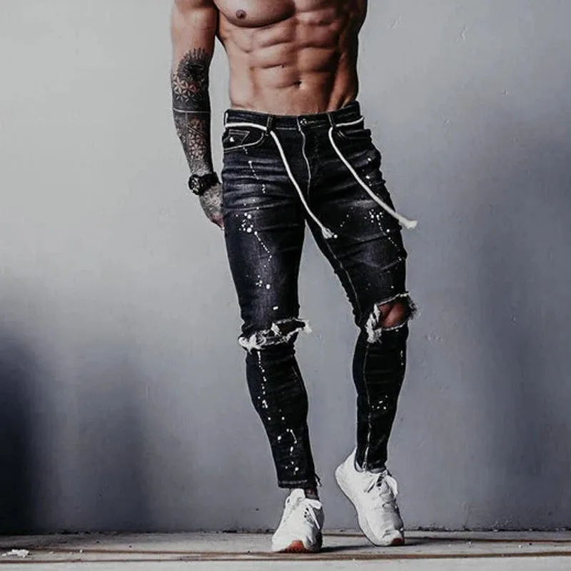 blue jeans Button Fly ankle zipper elastic ripped damage pants denim hole skinny elastic jeans joggers Paint