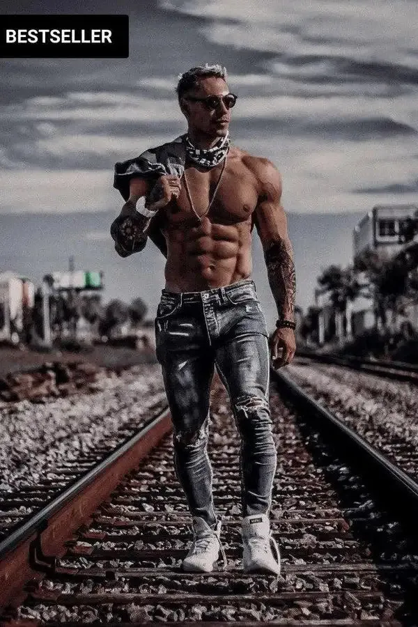 blue jeans Button Fly ankle zipper elastic ripped damage pants denim hole skinny elastic jeans joggers Paint