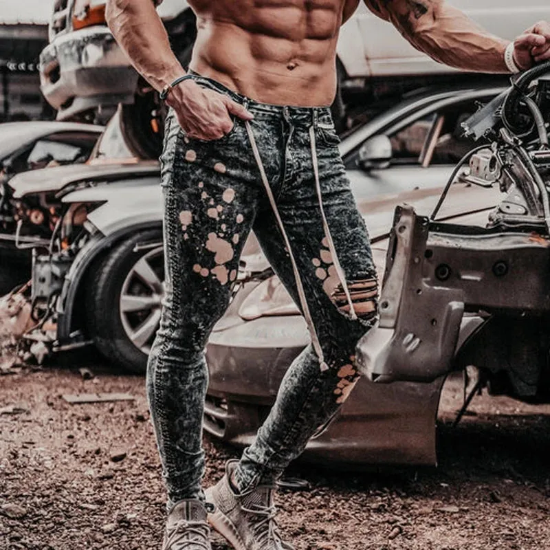 blue jeans Button Fly ankle zipper elastic ripped damage pants denim hole skinny elastic jeans joggers Paint