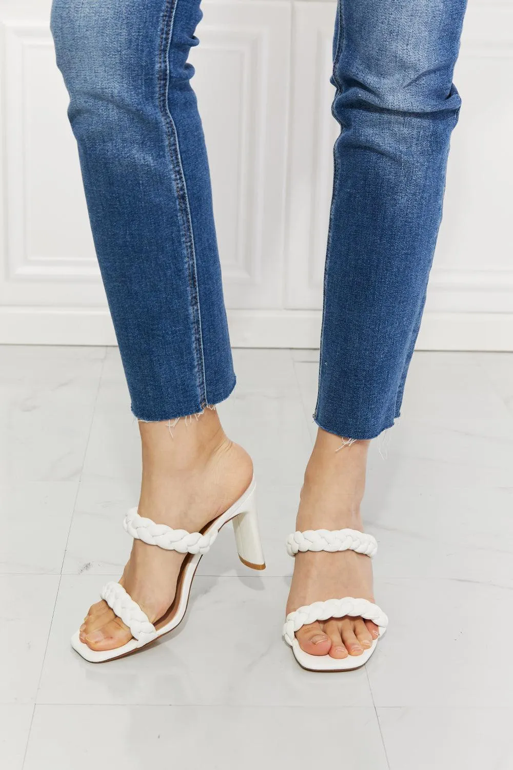 Braided Block Heel Sandals White