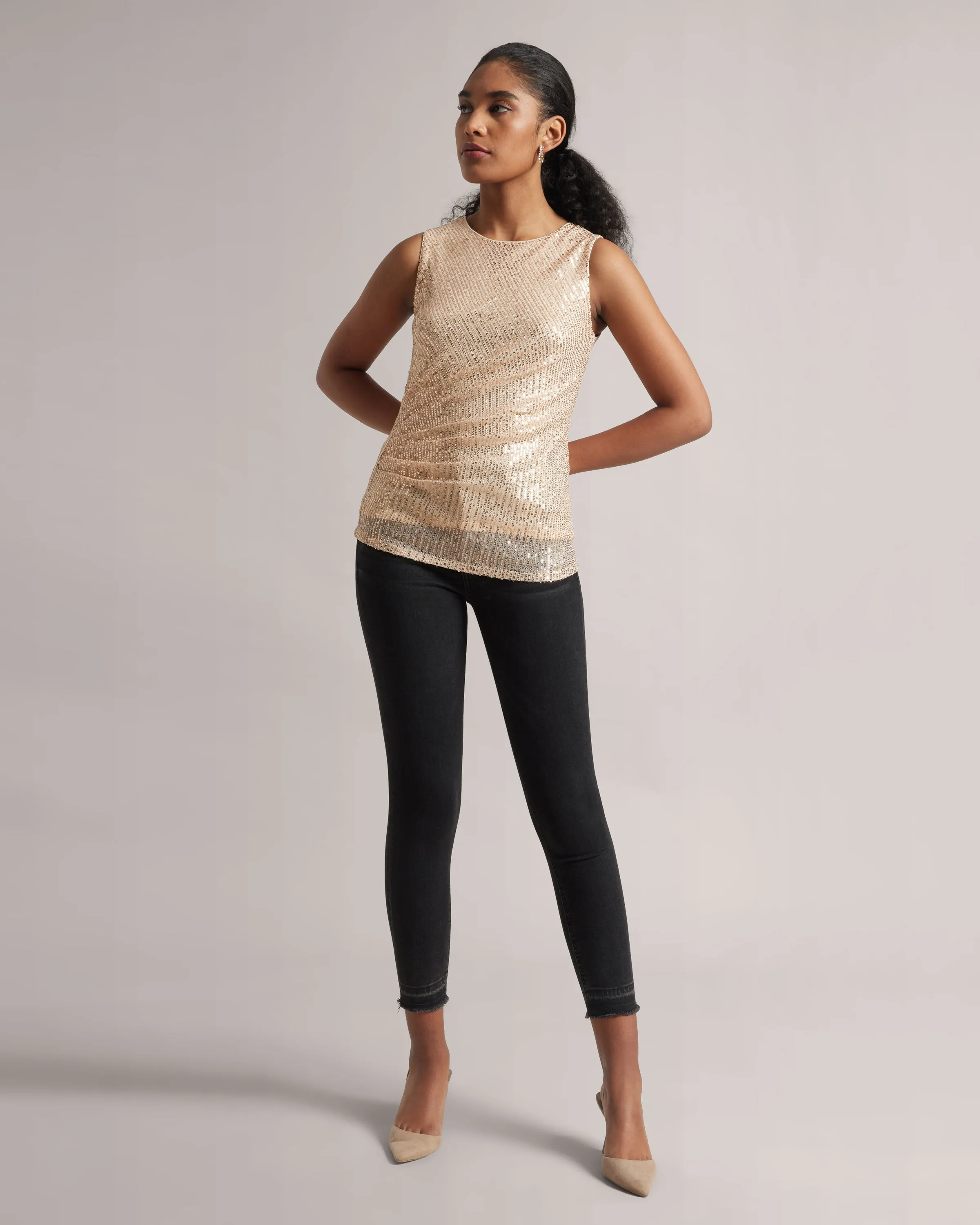 Champagne Beige Sequin Ruched Top