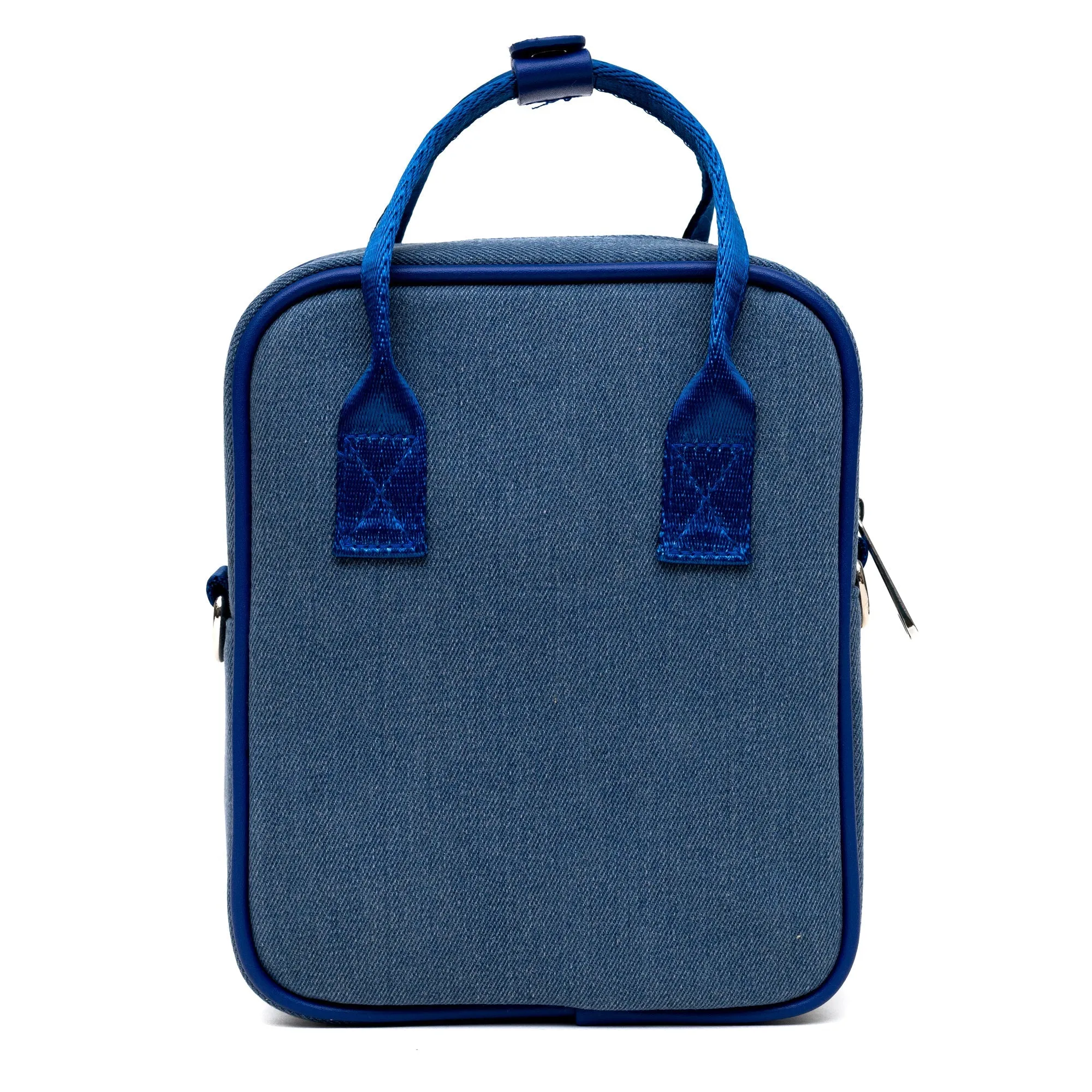 Disney Vegan Leather Cross Body Backpack for Men and Women with Adjustable Strap, Mickey Mouse Varsity Icons, Denim Blue