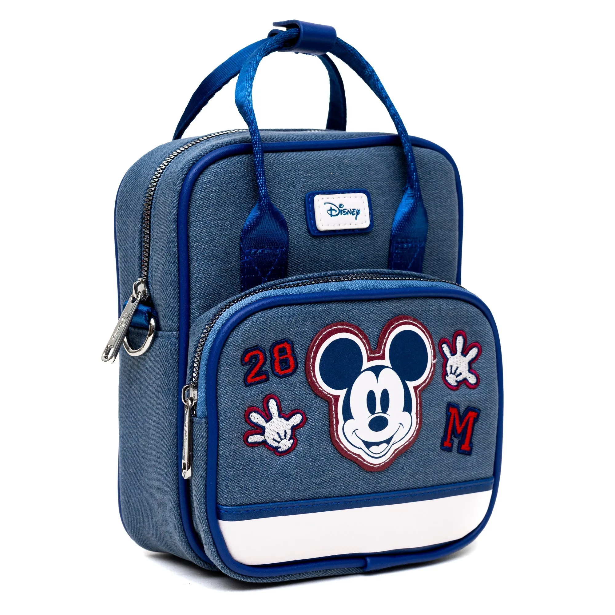 Disney Vegan Leather Cross Body Backpack for Men and Women with Adjustable Strap, Mickey Mouse Varsity Icons, Denim Blue