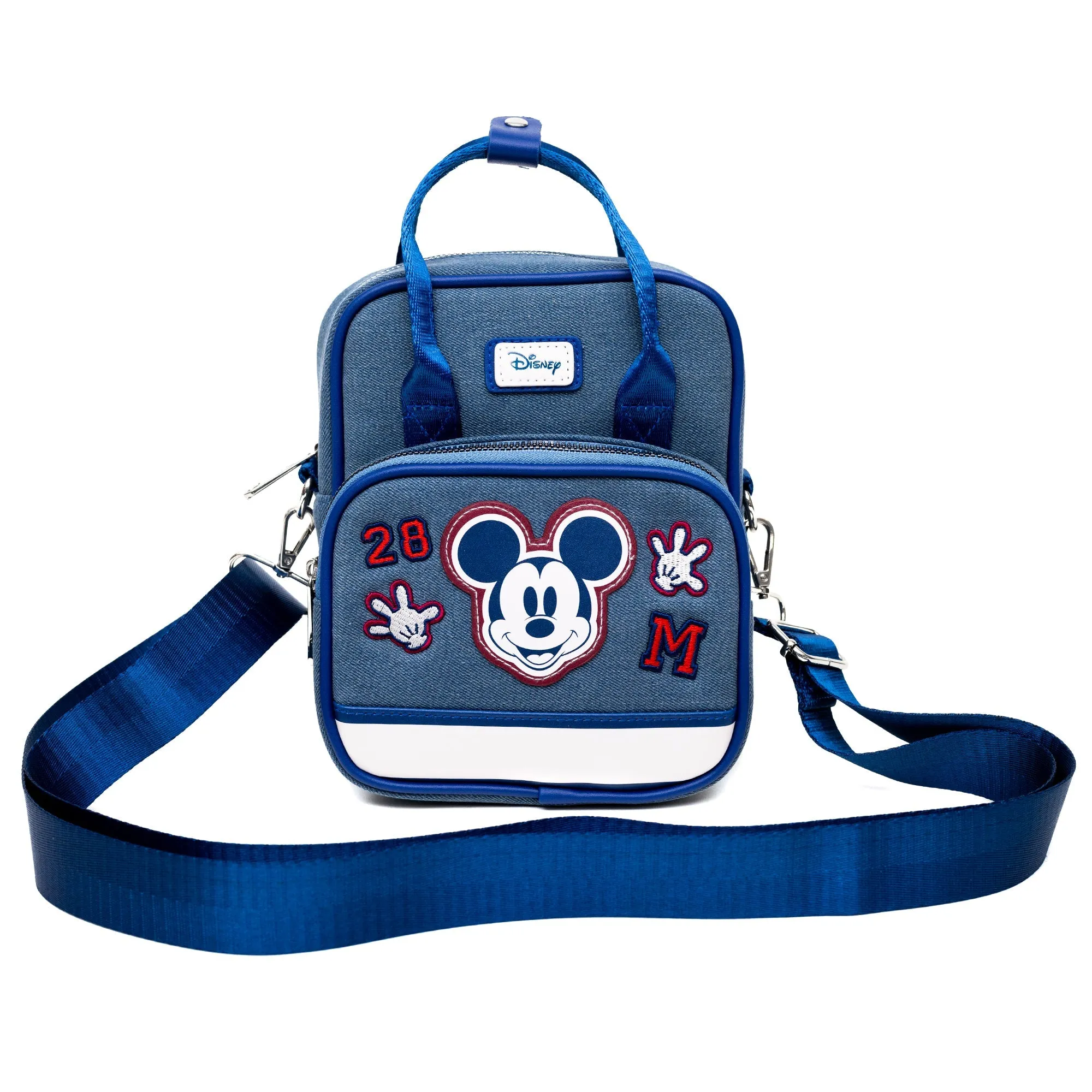 Disney Vegan Leather Cross Body Backpack for Men and Women with Adjustable Strap, Mickey Mouse Varsity Icons, Denim Blue