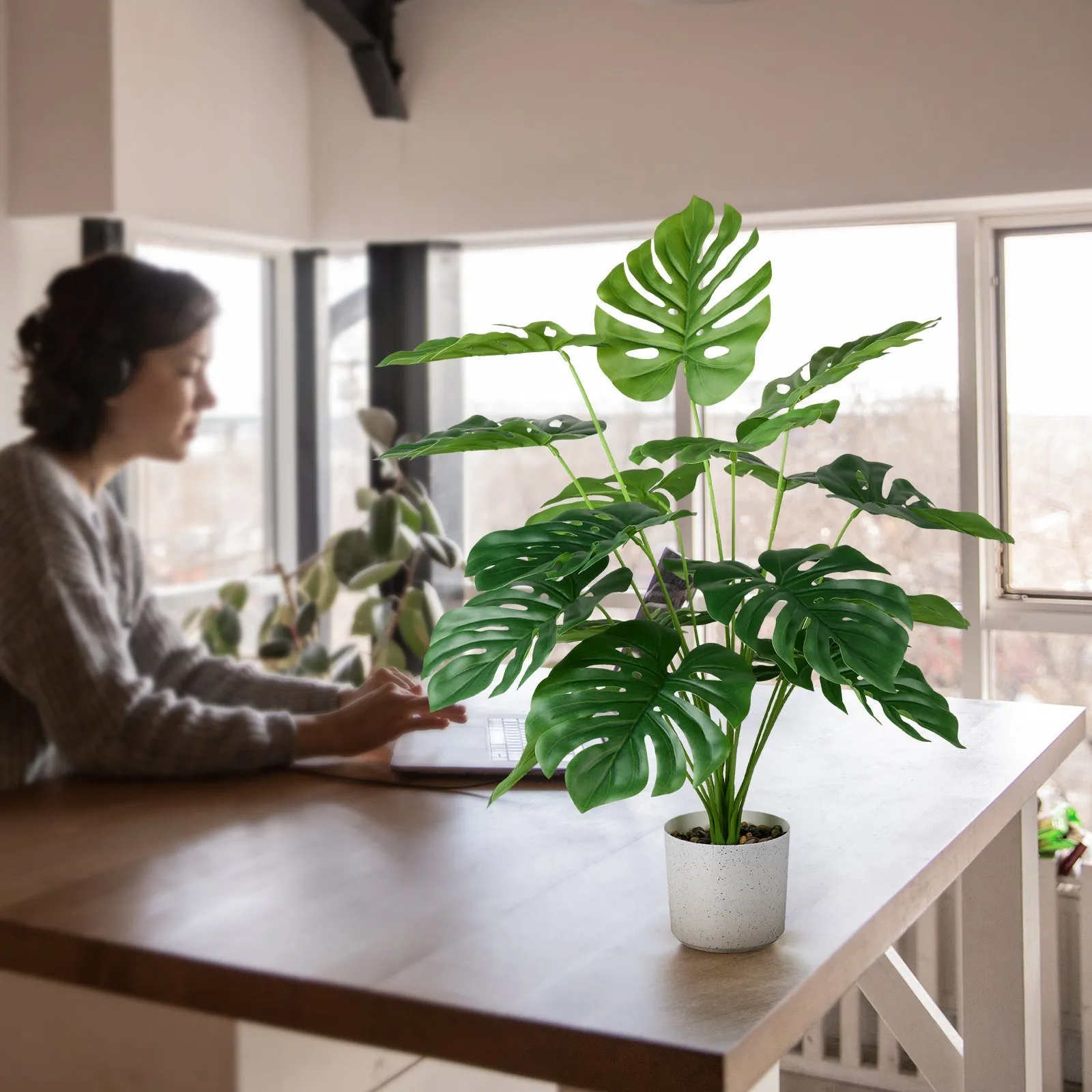 EDIMENS 2PCS Artificial Monstera Plants, 28'' Fake Plants Tropical Palm Tree with Plastic Plant Pot, Desk Faux Plants Indoor for Home Decor, 18 Leaves - Walmart.com