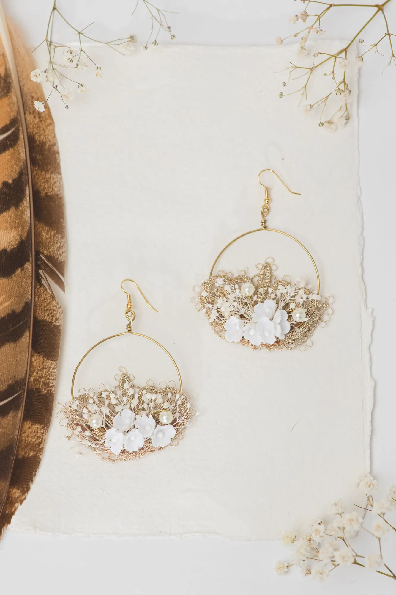 Elegant white and golden flower earrings Glam Bridal Circle floral earrings 2021 Wedding dangle earrings Handmade dried flower jewelry Magaela