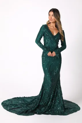 Elena Long-Sleeve Pattern Sequin Gown - Emerald