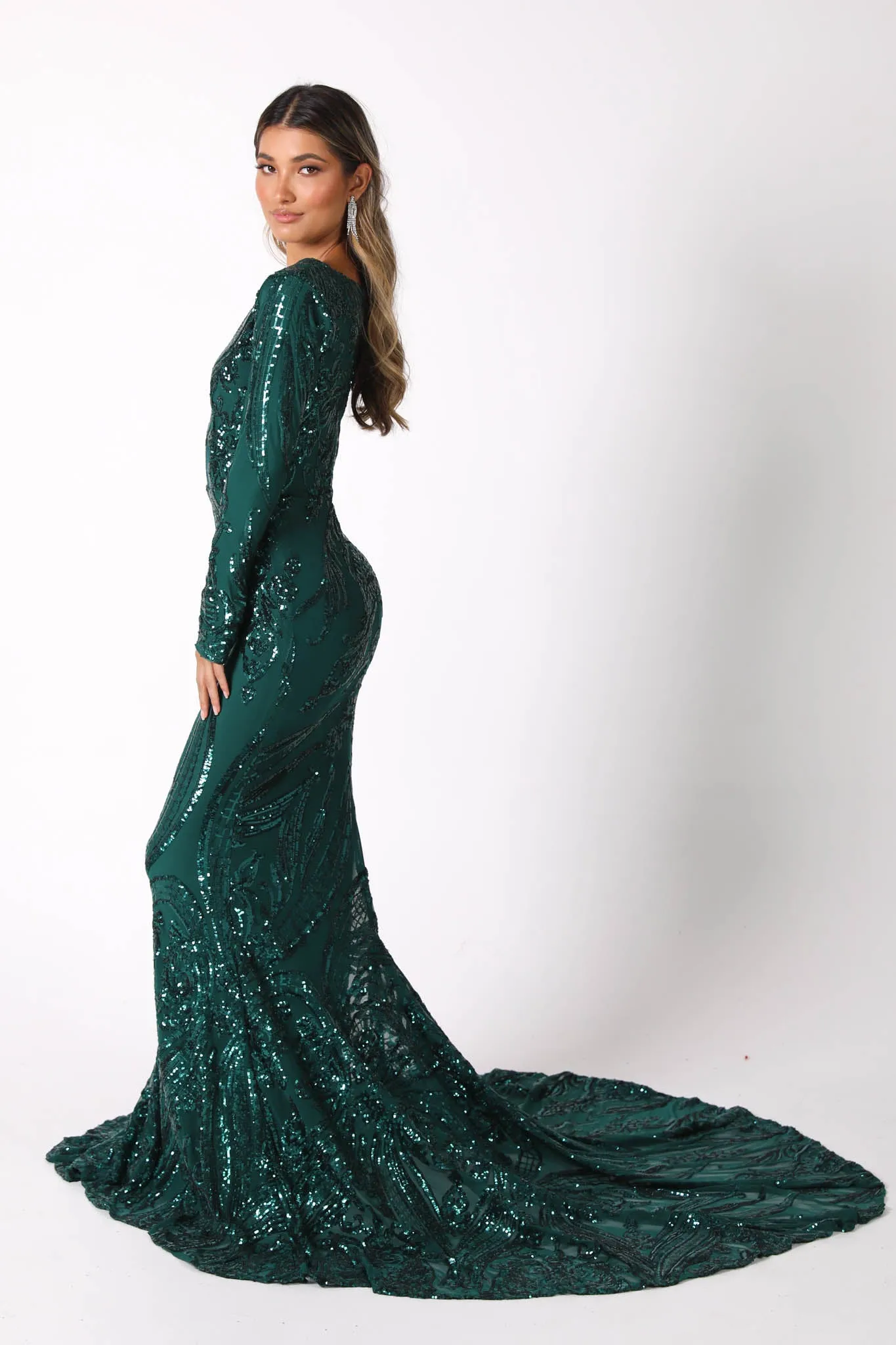 Elena Long-Sleeve Pattern Sequin Gown - Emerald