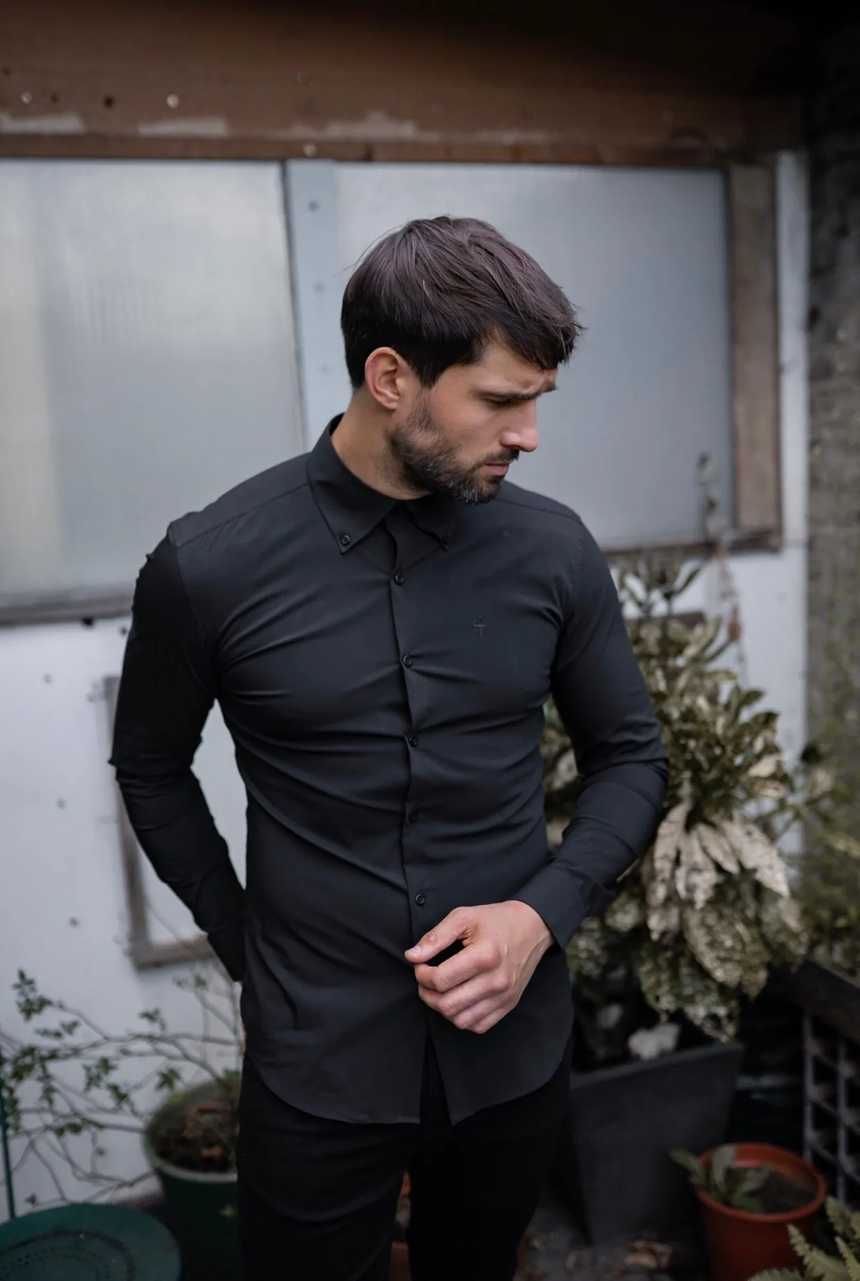 Father Sons Black Regular Stretch Shirt with Button Down Collar and Black Embroidery - FS590(LAST CHANCE)