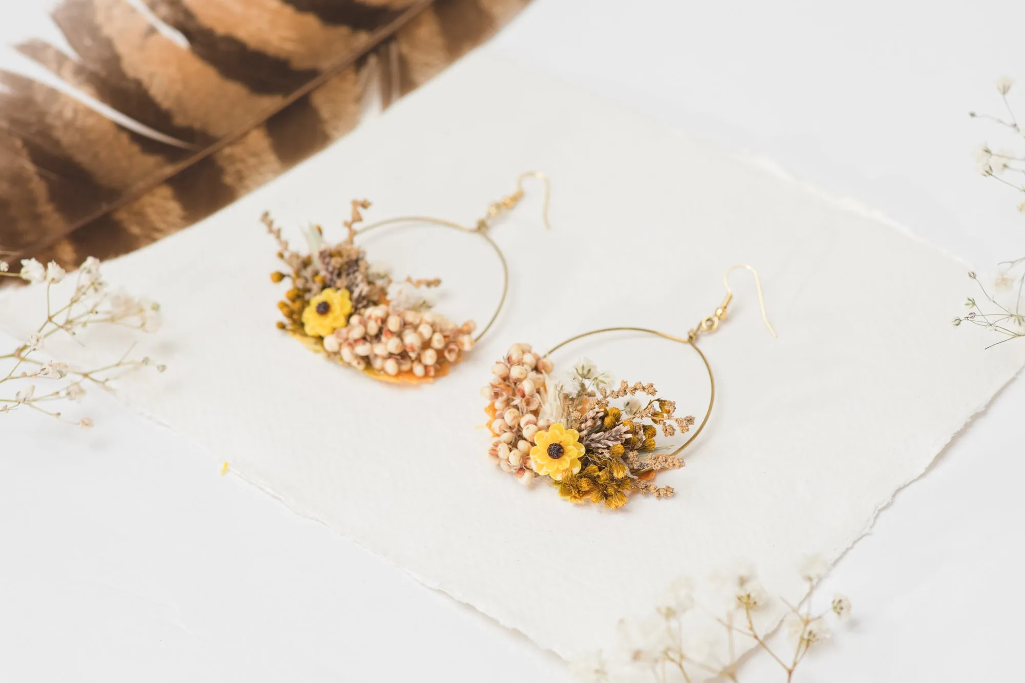 Flower earrings for bride in earthy colours and yellow accent Circle floral earrings 2021 Wedding dangle earrings Handmade dried flower jewelry Magaela
