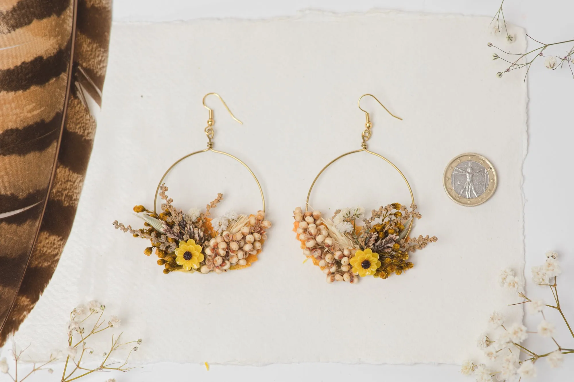 Flower earrings for bride in earthy colours and yellow accent Circle floral earrings 2021 Wedding dangle earrings Handmade dried flower jewelry Magaela