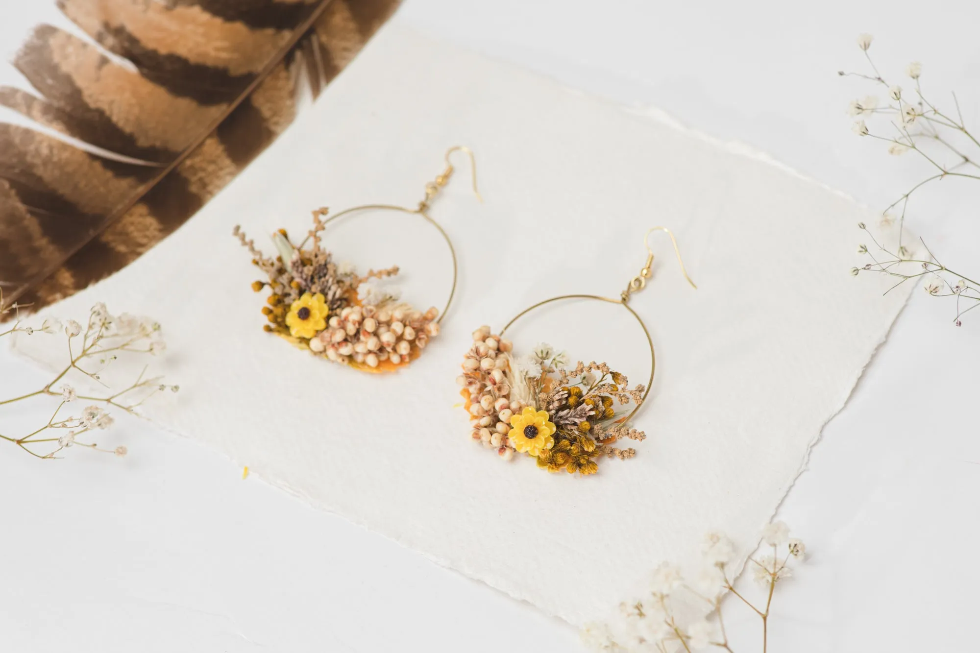 Flower earrings for bride in earthy colours and yellow accent Circle floral earrings 2021 Wedding dangle earrings Handmade dried flower jewelry Magaela