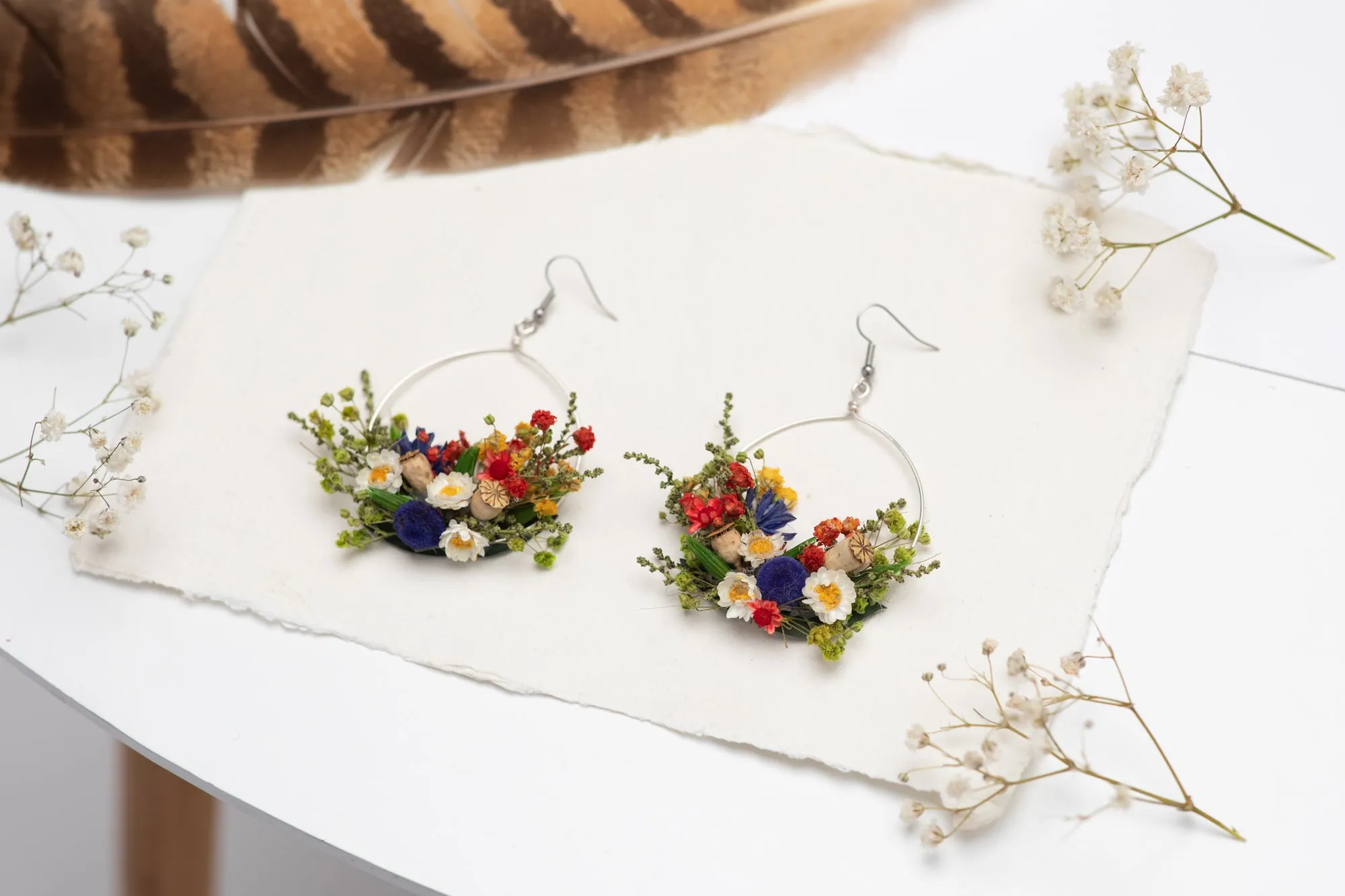 Folk circle dangle earrings Flower earrings Surgical steel Colourful flower earrings for bride Dried flowers Magaela Bridal handmade