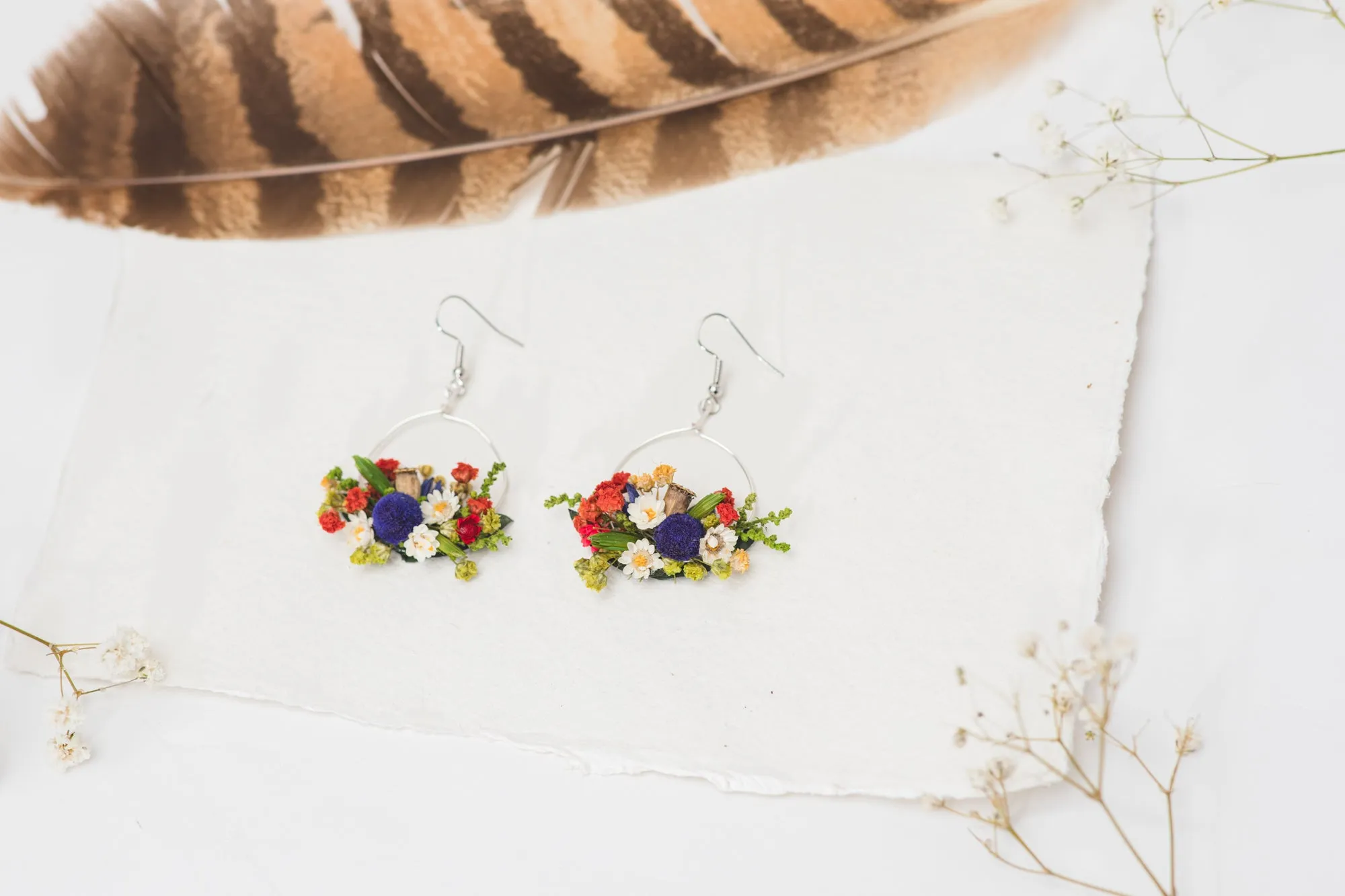 Folk circle dangle earrings Flower earrings Surgical steel Colourful flower earrings for bride Dried flowers Magaela Bridal handmade