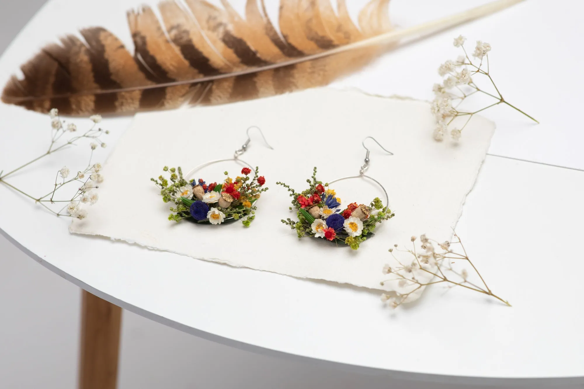Folk circle dangle earrings Flower earrings Surgical steel Colourful flower earrings for bride Dried flowers Magaela Bridal handmade