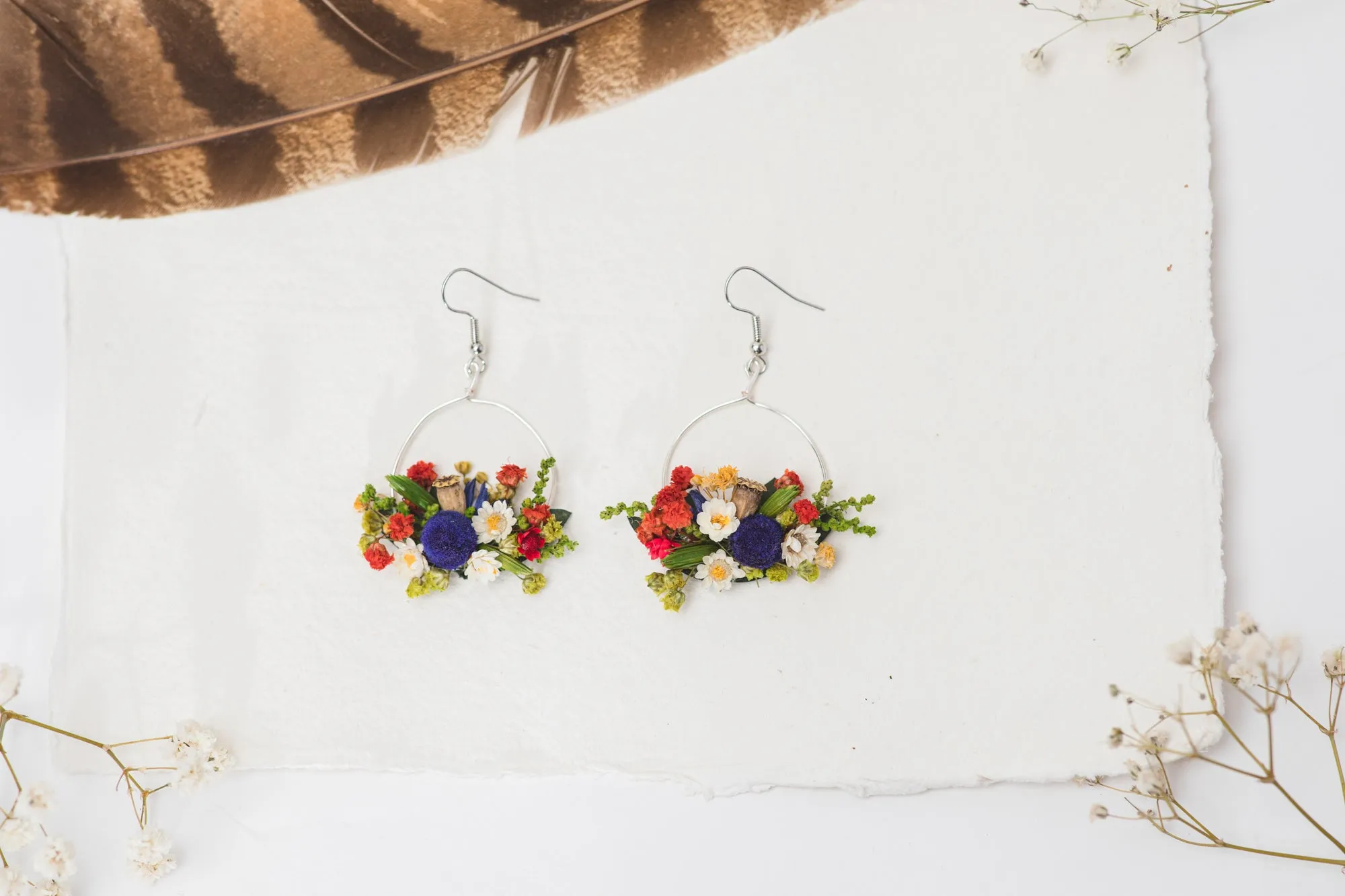 Folk circle dangle earrings Flower earrings Surgical steel Colourful flower earrings for bride Dried flowers Magaela Bridal handmade