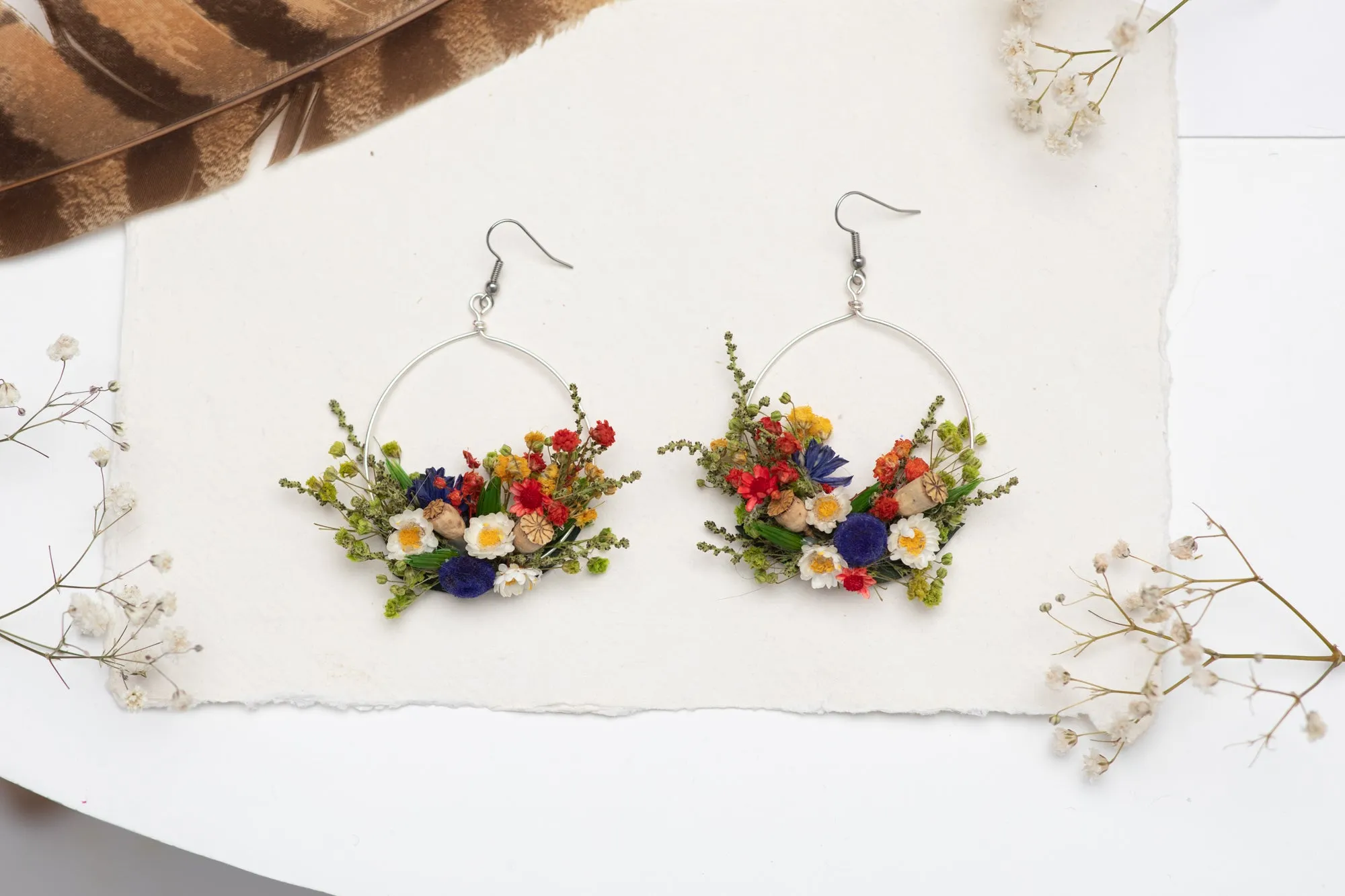 Folk circle dangle earrings Flower earrings Surgical steel Colourful flower earrings for bride Dried flowers Magaela Bridal handmade