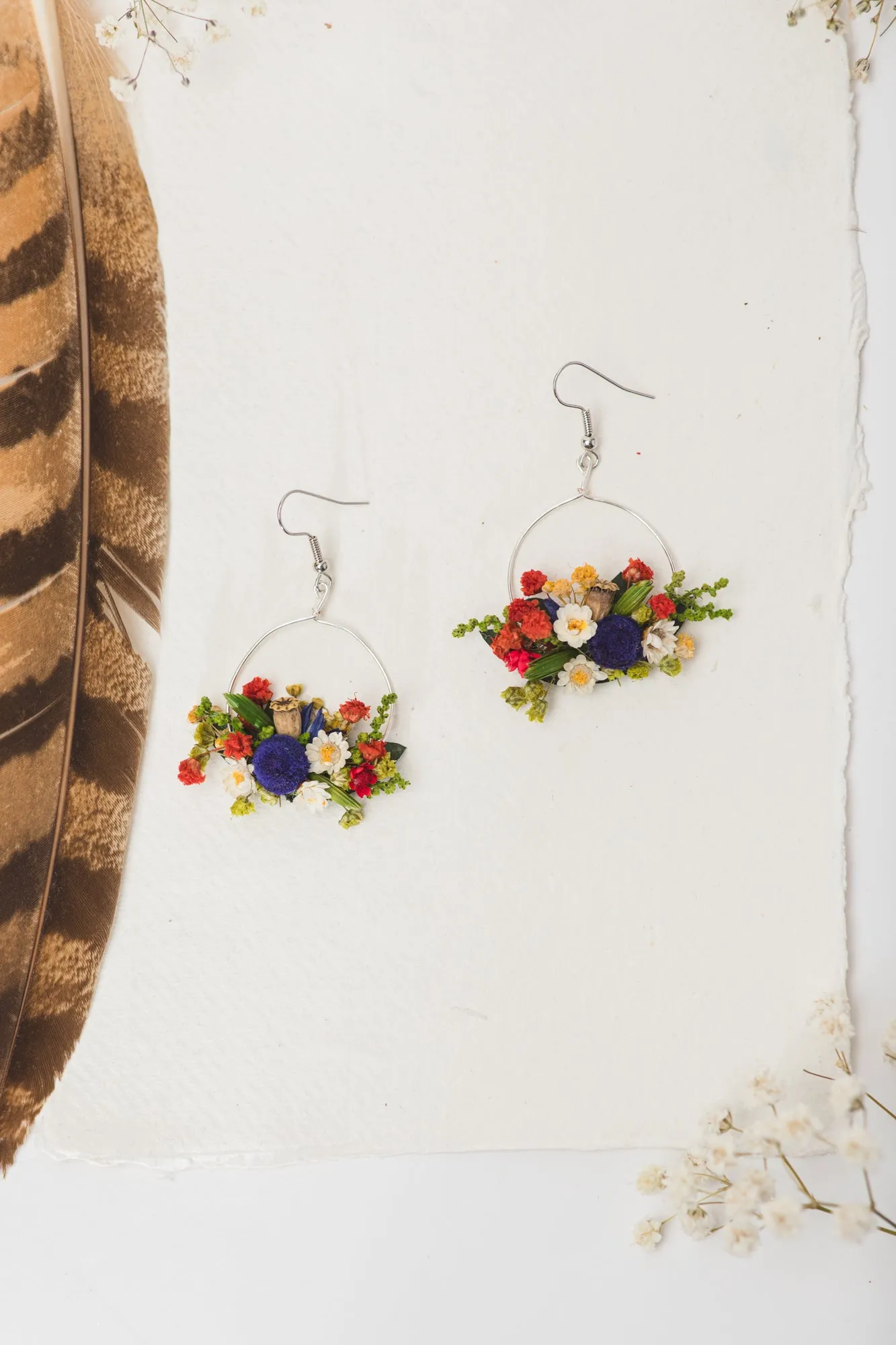 Folk circle dangle earrings Flower earrings Surgical steel Colourful flower earrings for bride Dried flowers Magaela Bridal handmade