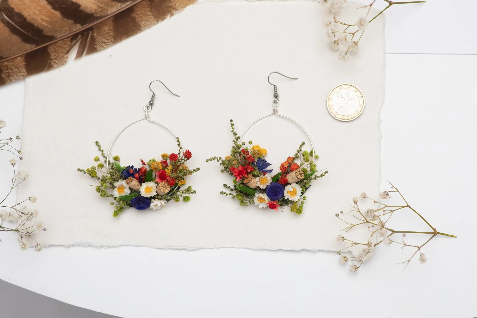 Folk circle dangle earrings Flower earrings Surgical steel Colourful flower earrings for bride Dried flowers Magaela Bridal handmade