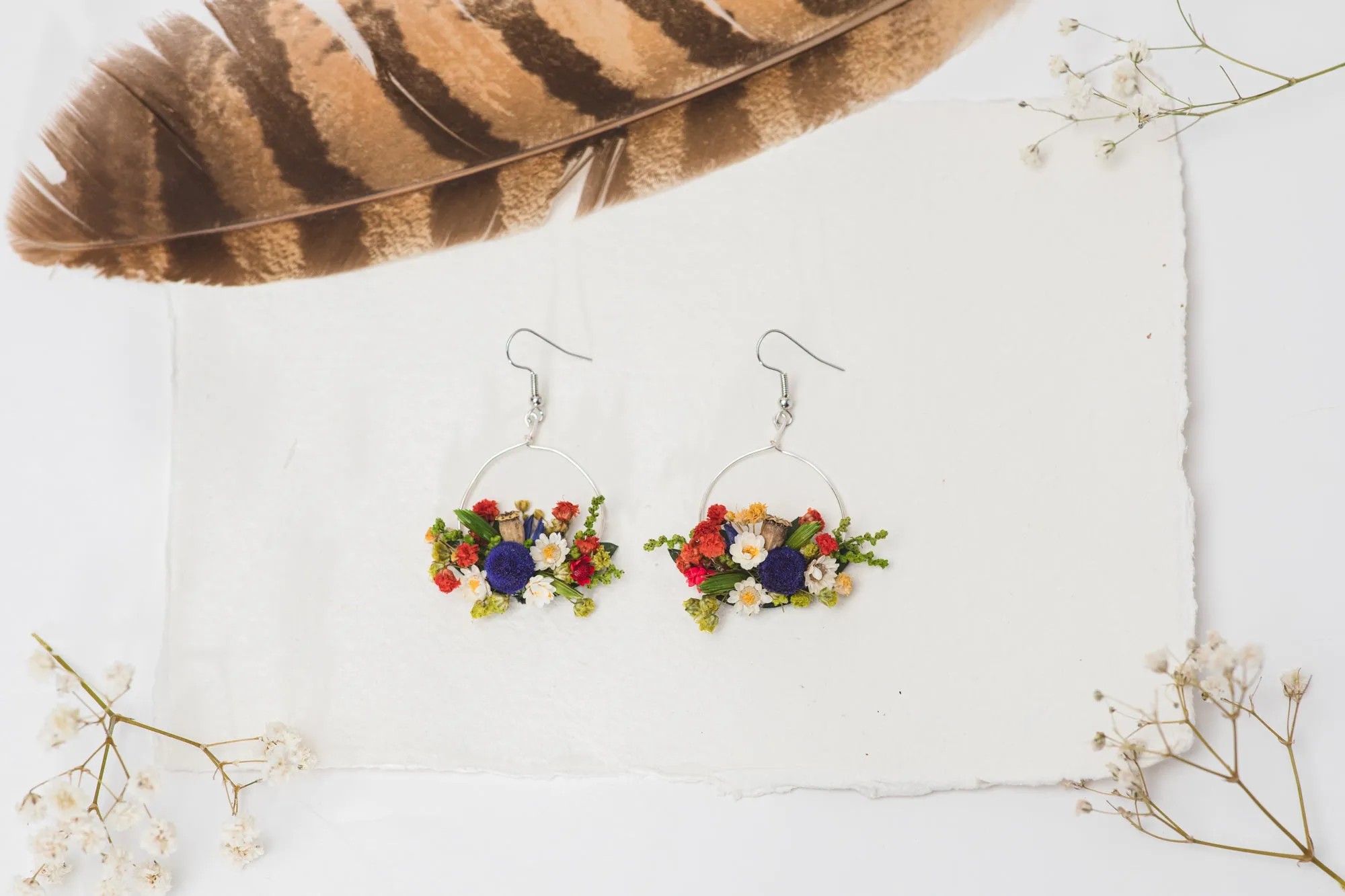 Folk circle dangle earrings Flower earrings Surgical steel Colourful flower earrings for bride Dried flowers Magaela Bridal handmade