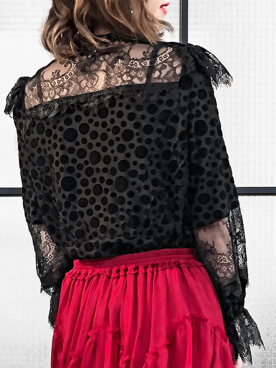 Further Sale! Velvet Dotty Black Eyelash Lace Trim Long Sleeve Blouse
