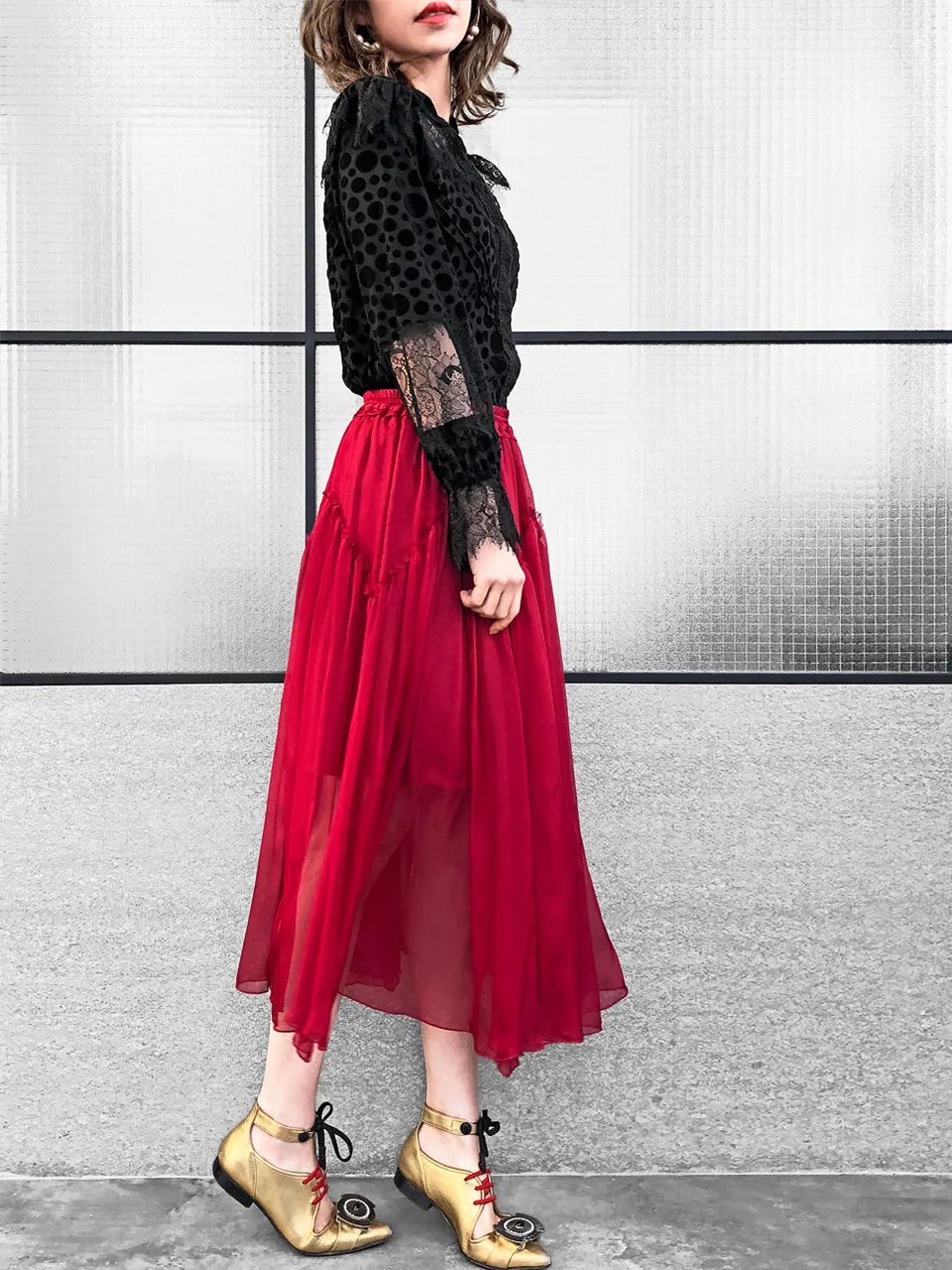 Further Sale! Velvet Dotty Black Eyelash Lace Trim Long Sleeve Blouse