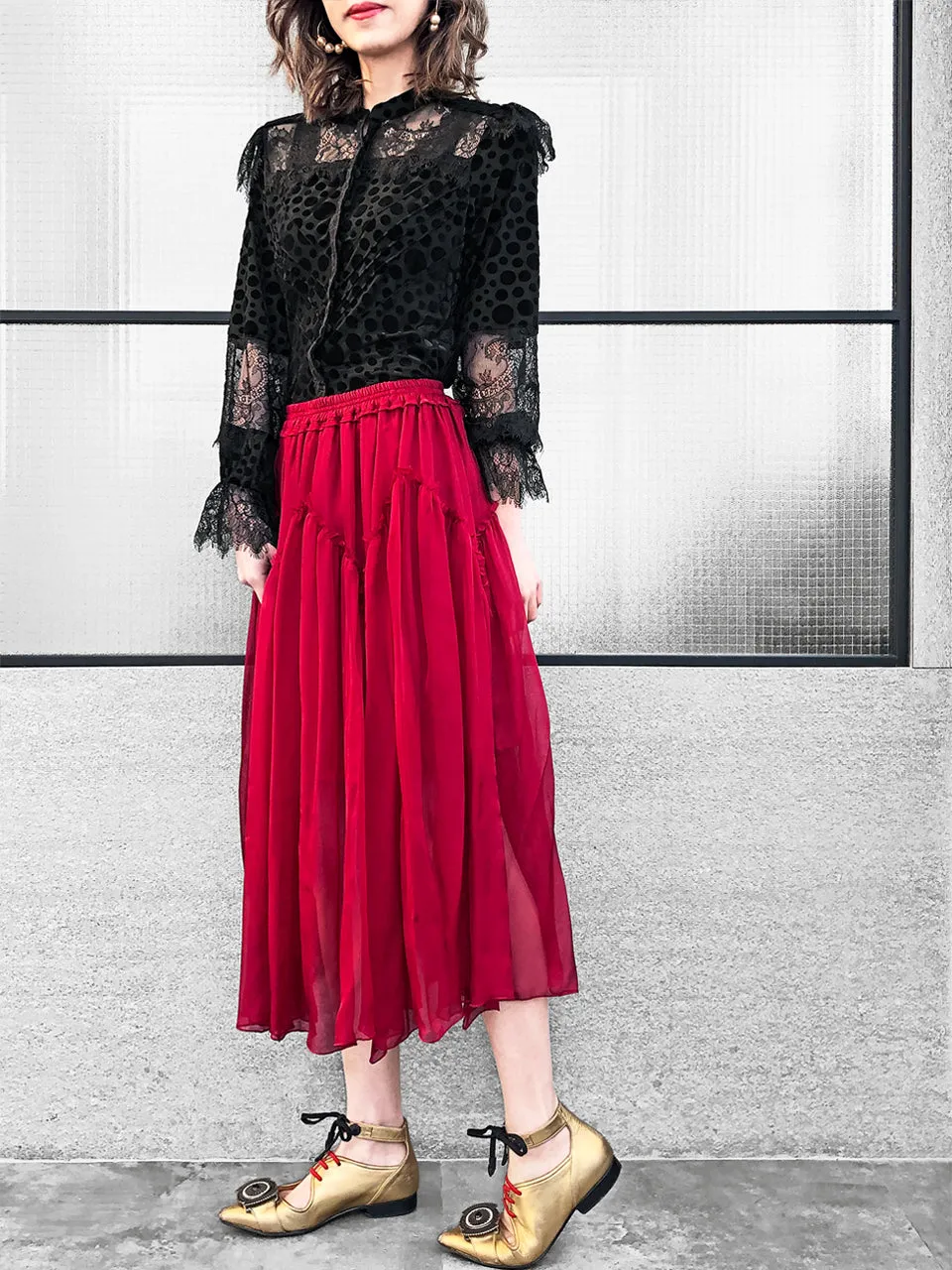 Further Sale! Velvet Dotty Black Eyelash Lace Trim Long Sleeve Blouse