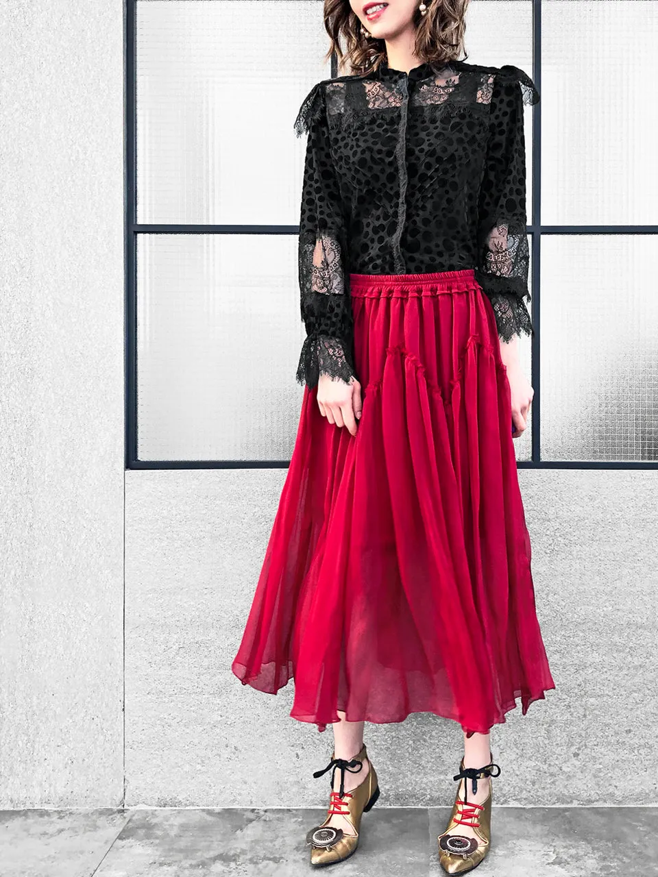 Further Sale! Velvet Dotty Black Eyelash Lace Trim Long Sleeve Blouse