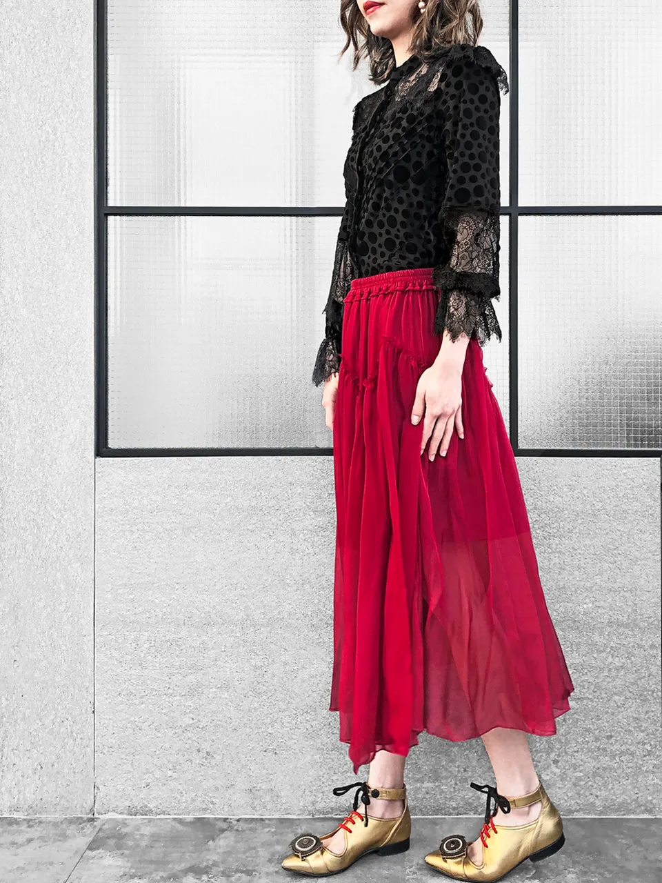 Further Sale! Velvet Dotty Black Eyelash Lace Trim Long Sleeve Blouse