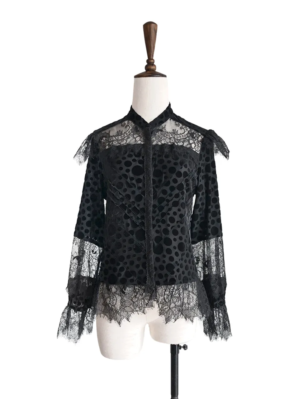 Further Sale! Velvet Dotty Black Eyelash Lace Trim Long Sleeve Blouse